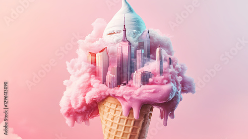 A whimsical ice cream cone transforms into a cityscape, blending dessert with urban architecture in a creative and surreal design. Surreal Melting Architecture. Illustration