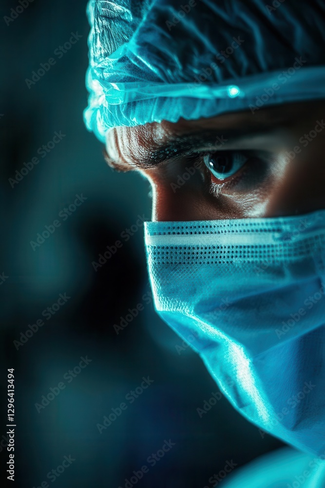 A close-up of a focused medical professional wearing a surgical mask, showcasing determination and precision in a clinical environment.