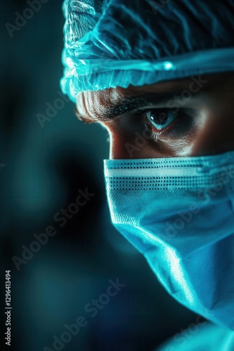 Obraz na płótnie A close-up of a focused medical professional wearing a surgical mask, showcasing determination and precision in a clinical environment. w salonie
