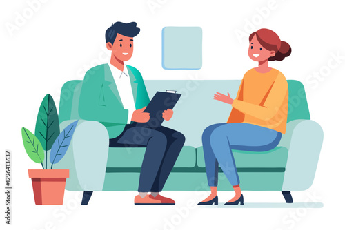 A psychiatrist taking notes while talking to a patient sitting on a couch, isolated on white background.
