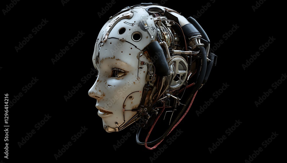 Cybernetic Head: A detailed close-up of a robotic head, showcasing intricate mechanical details against a stark black background. Cybernetic Head: A detailed close-up of a robotic head, showcasing intricate mechanical details against a stark black background.