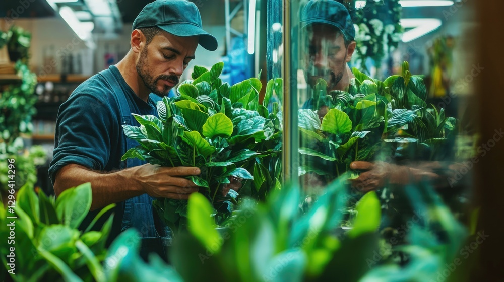 Obraz premium A worker at an indoor plant nursery tending to potted plants, ensuring their health and readiness for sale. The environment is brightly lit with a focus on greenery.