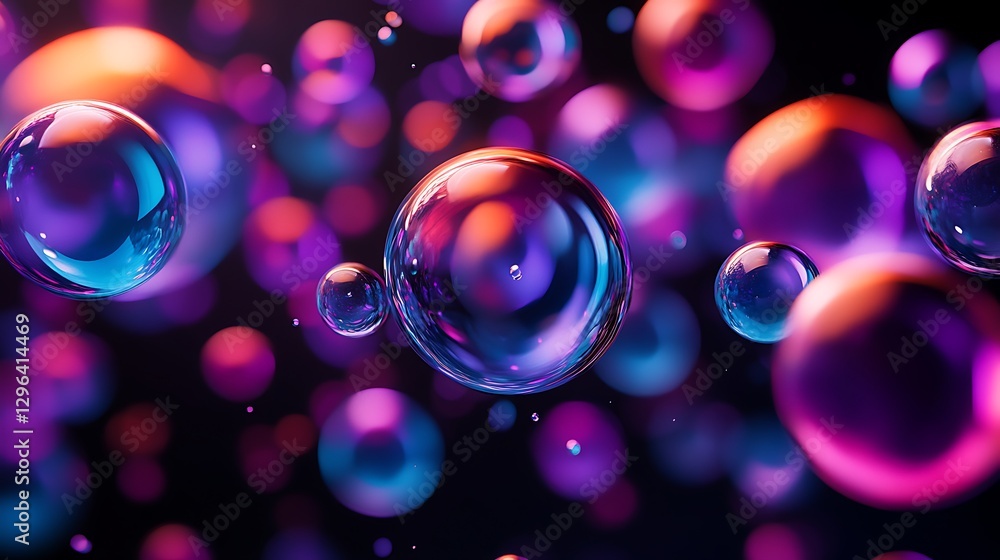 Abstract Sphere Symphony: A mesmerizing interplay of iridescent spheres, bathed in vibrant hues of purple, blue, and orange, dance in a cosmic realm of light and shadow.