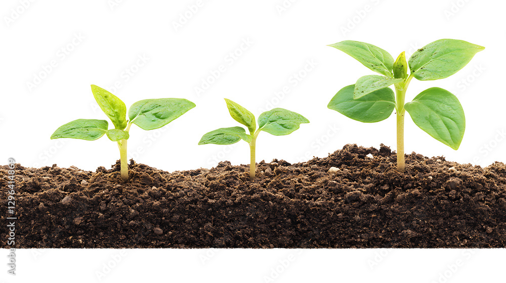 Seedling Development: Three Plants on White Background Seedling Development: Three Plants on White Background