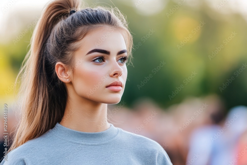 Naklejka premium Young Woman With Ponytail In Outdoor Setting, Serene
