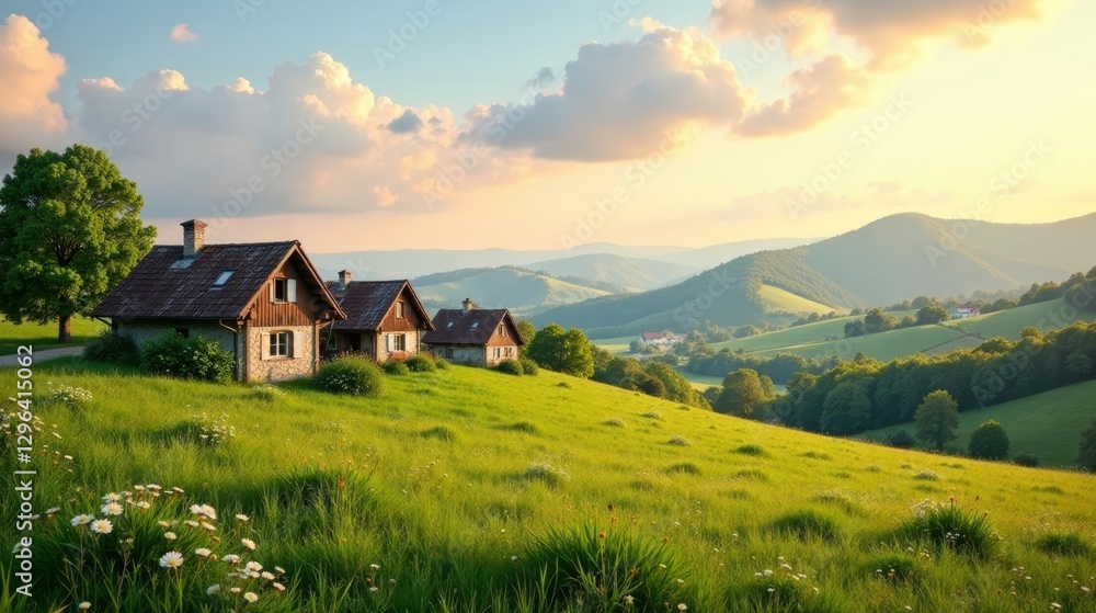 Serene hillside homes nestled amongst vibrant meadows, bathed in the warm glow of sunset, offering a tranquil and idyllic escape to nature's beauty. Serene hillside homes nestled amongst vibrant meadows, bathed in the warm glow of sunset, offering a tranquil and idyllic escape to nature's beauty.