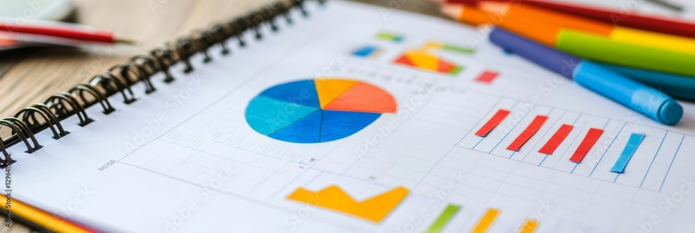 Strategic Planning Notebook Charts Notes - Planning, organization, data analysis, visual representation, and project management are symbolized in this of a notebook with colorful charts and notes Strategic Planning Notebook Charts Notes - Planning, organization, data analysis, visual representation, and project management are symbolized in this of a notebook with colorful charts and notes