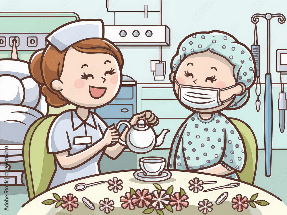 Nurse serving tea to smiling patient in hospital room drawn Nurse serving tea to smiling patient in hospital room drawn