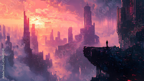 Fading light in a dreamlike cityscape with melting buildings , architecture, dreamscape, city. Surreal Melting Architecture. Illustration