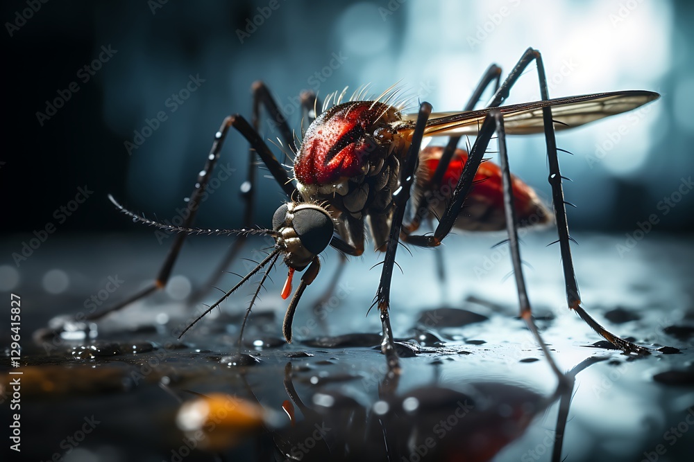 Menace in Miniature: A striking macro shot captures a mosquito, its intricate details sharply defined against a darkly atmospheric backdrop, highlighting both its beauty and the threat it embodies. Menace in Miniature: A striking macro shot captures a mosquito, its intricate details sharply defined against a darkly atmospheric backdrop, highlighting both its beauty and the threat it embodies.