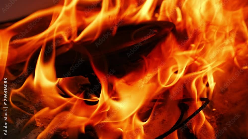 A melted plastic electric kettle engulfed in flames, with the fire brightly illuminating its surface and rising upward. a dangerous situation, with dense tongues of fire covering its body. A melted plastic electric kettle engulfed in flames, with the fire brightly illuminating its surface and rising upward. a dangerous situation, with dense tongues of fire covering its body.