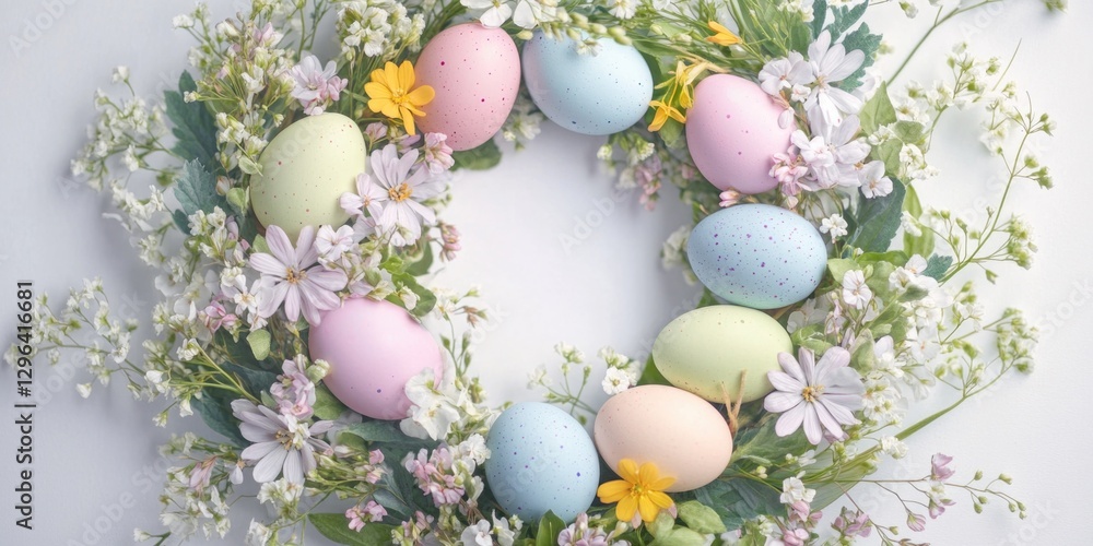 Easter wreath with bunny motif and pastel eggs in a bouquet of flowers on wire frame. Easter wreath with bunny motif and pastel eggs in a bouquet of flowers on wire frame.