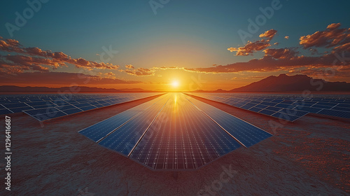 a breathtaking view of solar panels in a vast energy field at sunset, symbolizing sustainable alternative power. This stunning scene captures the future of renewable energy.