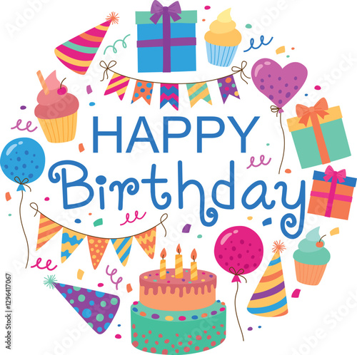 Birthday party elements in circle form and with the inscription. Colorful Happy birthday round banner