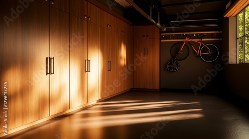 Wallpaper Mural Sunlit Garage Interior with Storage and Bikes - Warm sunlight streams into a clean, organized garage featuring wooden storage cabinets and bicycles hanging neatly Torontodigital.ca