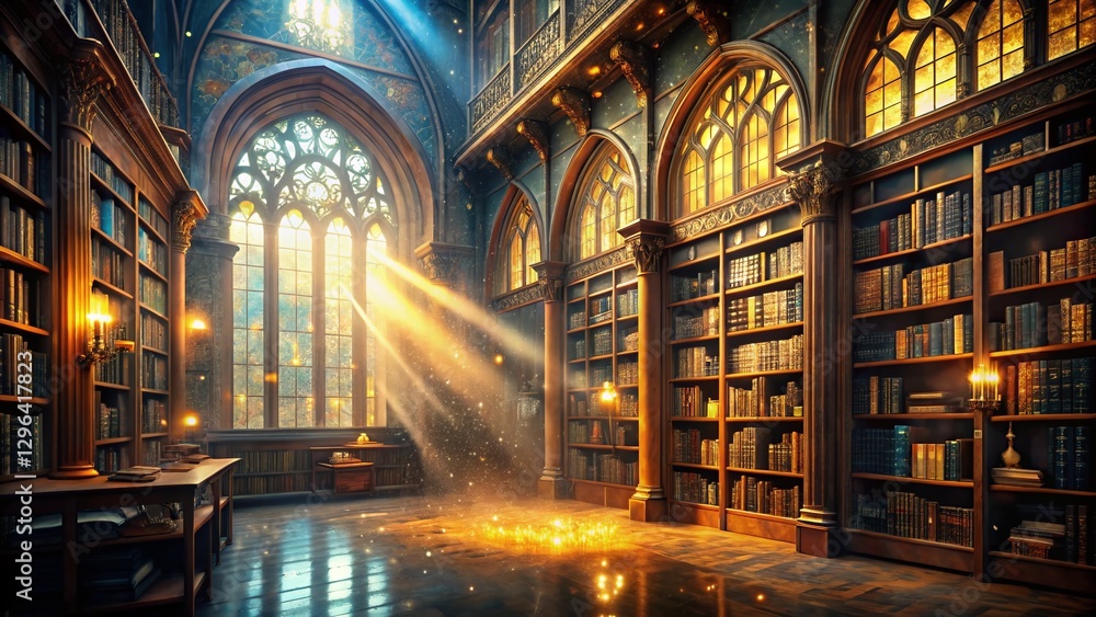 Enchanting Long Exposure Shot: Magical Old Fantasy Library with Glowing Books Enchanting Long Exposure Shot: Magical Old Fantasy Library with Glowing Books