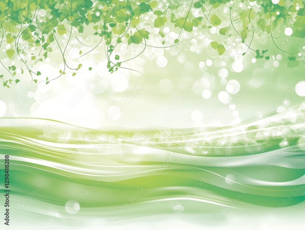 Serene Green Nature Background Abstract Wavy Lines Leaves and Soft Bokeh Lights