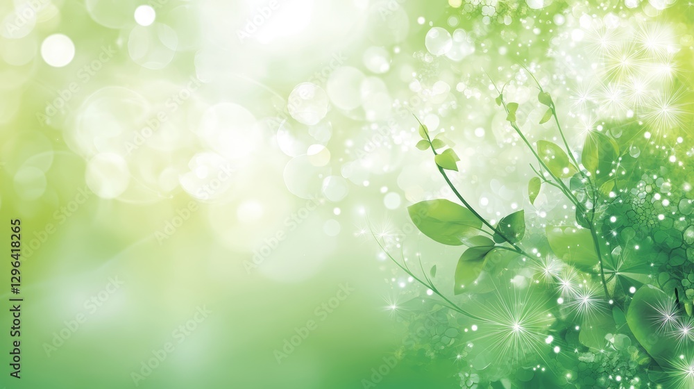 Serene Green Spring Nature Background Lush Leaves Sparkling Bokeh Soft Light