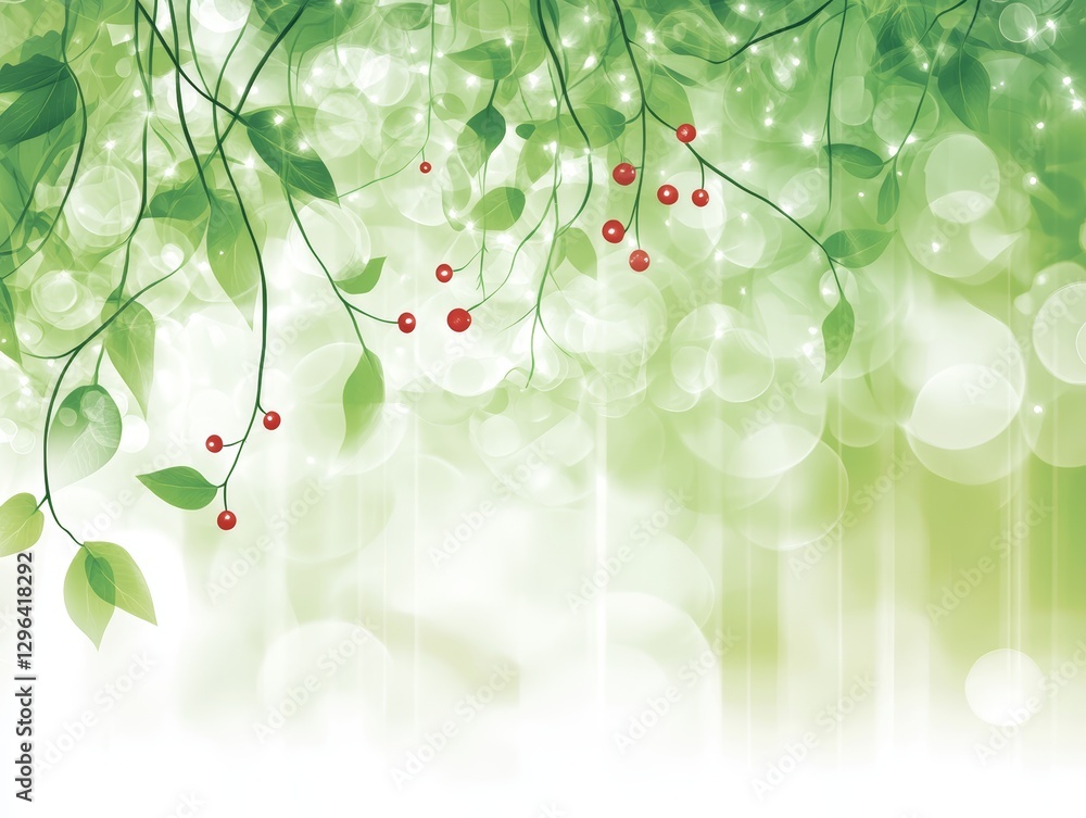 Serene Spring Green Leaves Red Berries Bokeh Background Nature Wallpaper Botanical Illustration