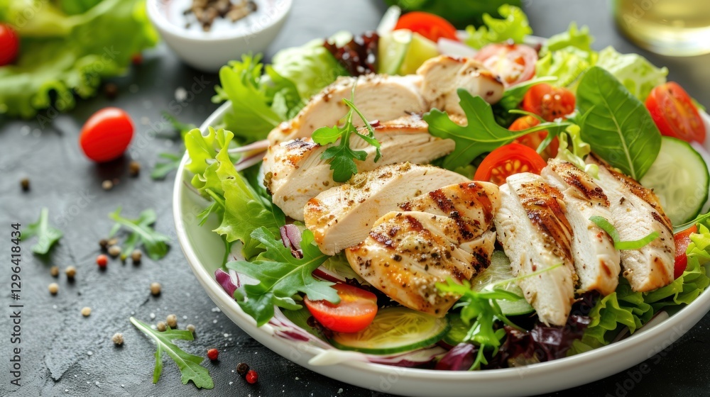 Top view Chicken caesar salad food with grilled chicken and vegetables on plate. AI generated image Top view Chicken caesar salad food with grilled chicken and vegetables on plate. AI generated image