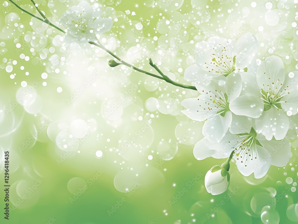 Delicate White Blossoms Spring Flowers on Soft Green Bokeh Background