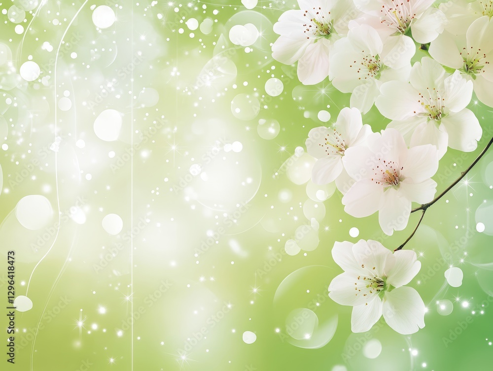 Elegant White Spring Blossoms on Soft Green Background with Sparkling Lights