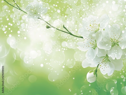 Obraz na płótnie Delicate White Blossoms Spring Flowers on Soft Green Bokeh Background w salonie