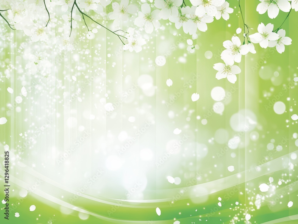 Serene Spring Blossoms Green Background with White Flowers and Falling Petals