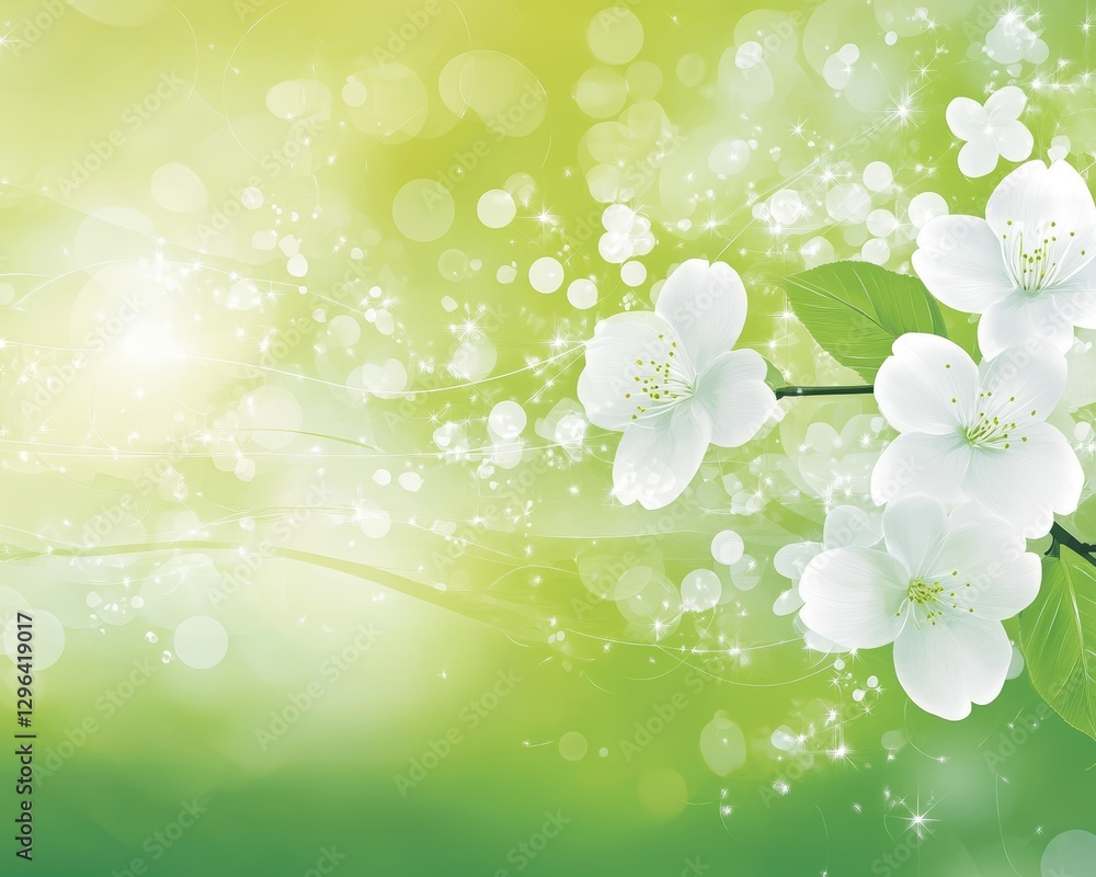 Spring Blossom Background Delicate White Flowers and Green Bokeh Lights