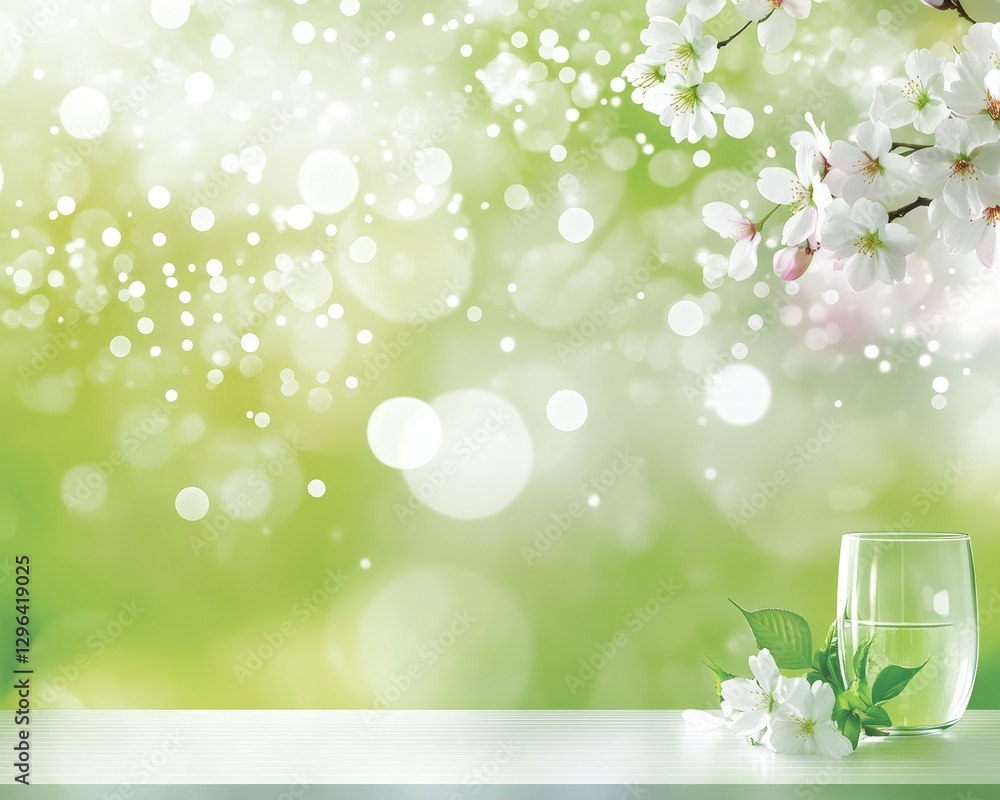 Serene Spring Glass of Water Blossoms and Soft Green Bokeh Background