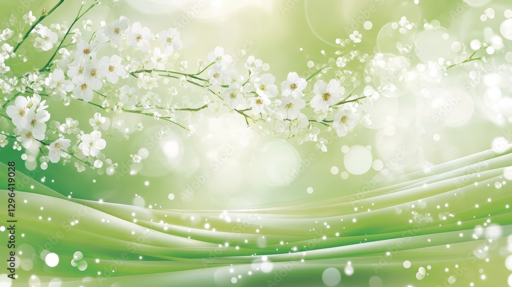 Serene Spring Blossoms White Flowers on Green Abstract Background