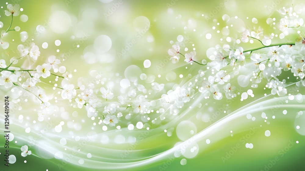 Spring Blossoms Delicate White Flowers on a Soft Green Background with Bokeh Lights