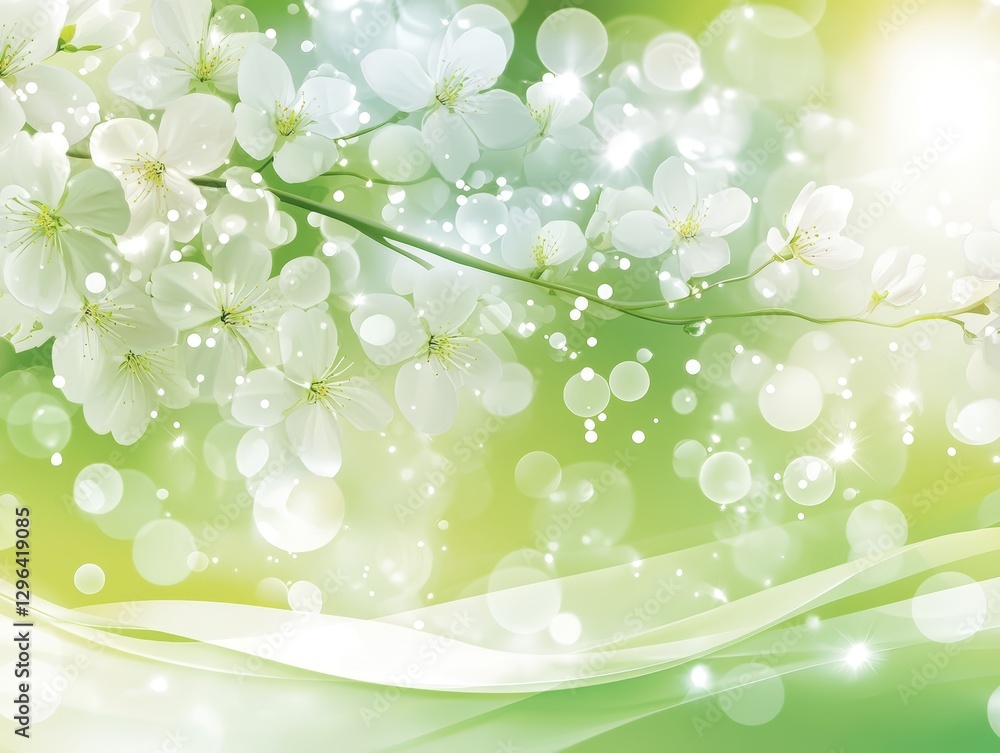 Spring Blossoms Delicate White Flowers on Green Background with Soft Bokeh Lights