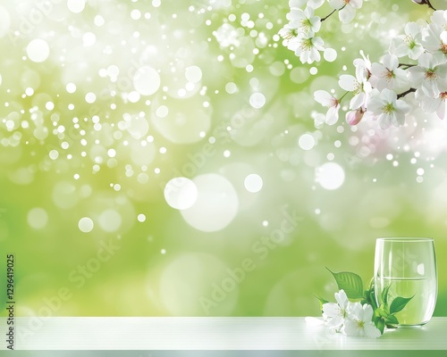 Obraz na płótnie Serene Spring Glass of Water Blossoms and Soft Green Bokeh Background w salonie