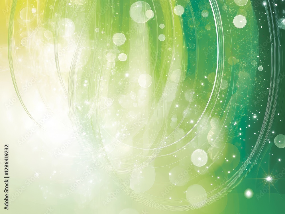 Abstract Green and White Swirling Background with Bokeh Lights and Glowing Particles