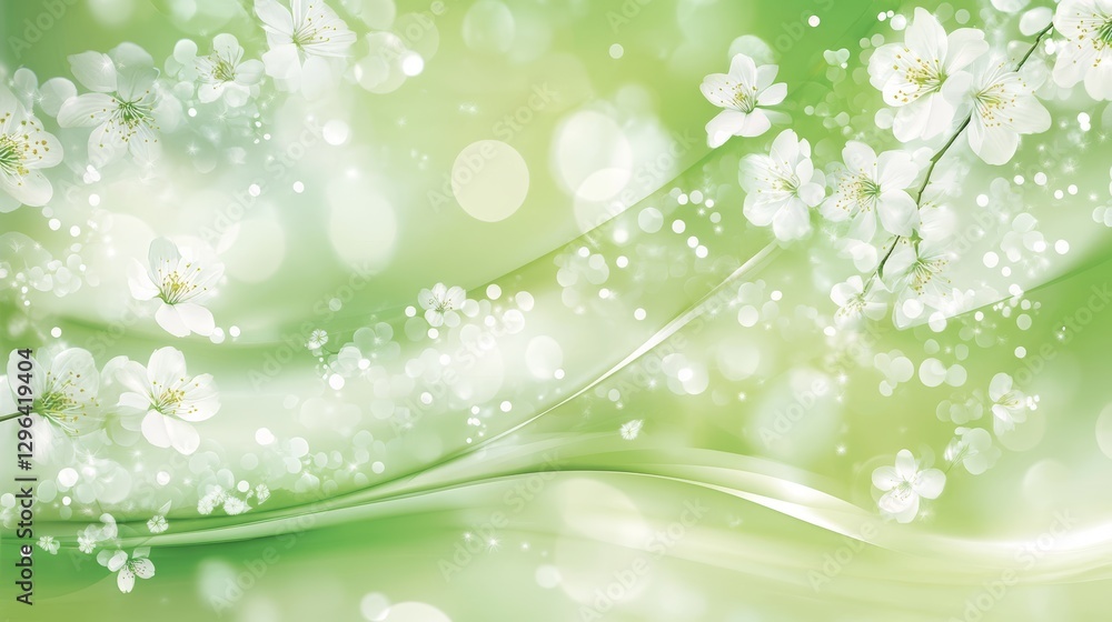 Elegant Spring Blossoms Soft Green Background with White Flowers and Bokeh Lights