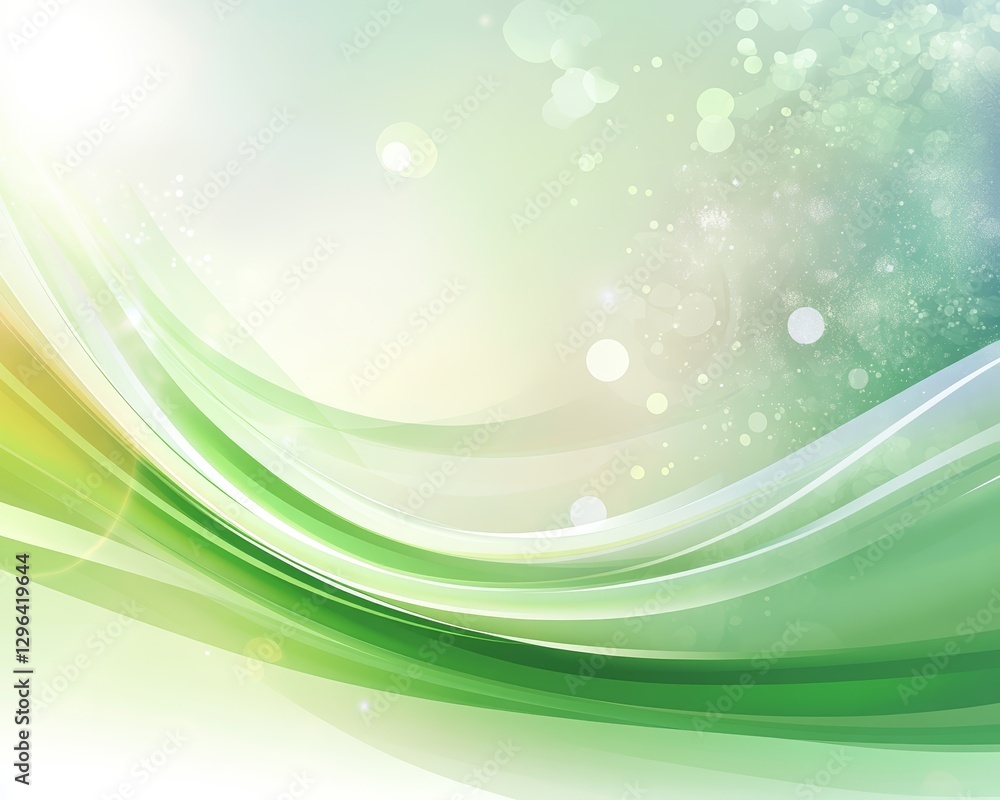 Abstract Green and White Swirling Wave Background Design with Bokeh Lights