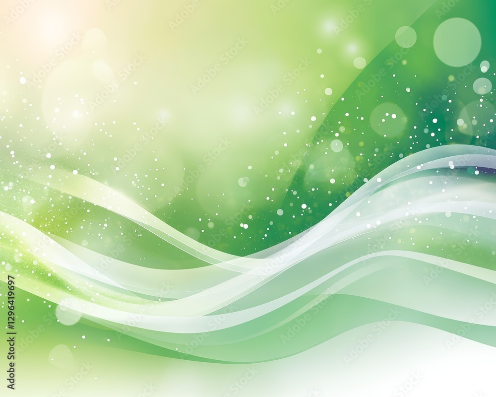 Abstract Green Wave Background with Sparkling Lights and Soft Bokeh Effect