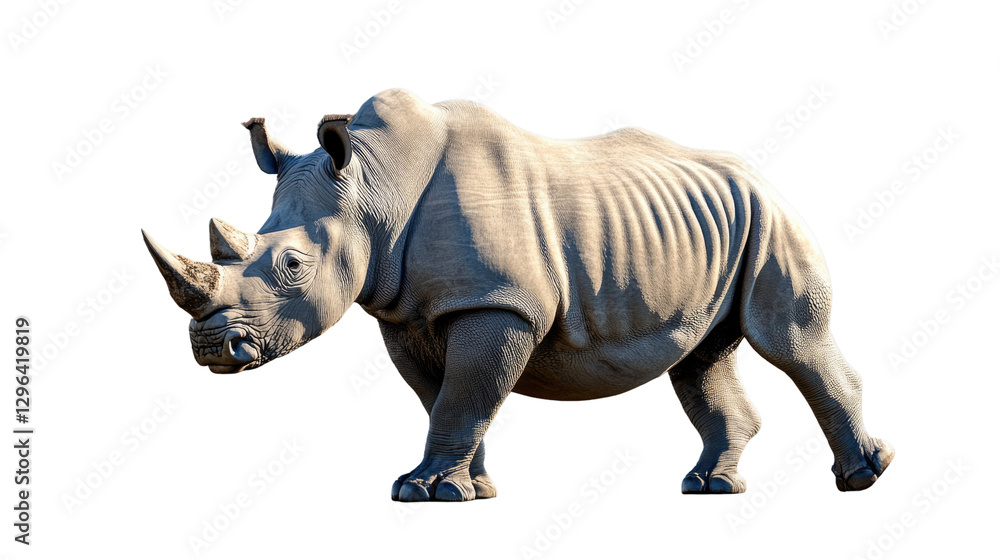 Obraz premium Majestic Rhinoceros: A powerful rhinoceros with a large horn strides confidently, showcasing its impressive size and unique features against a clean background.