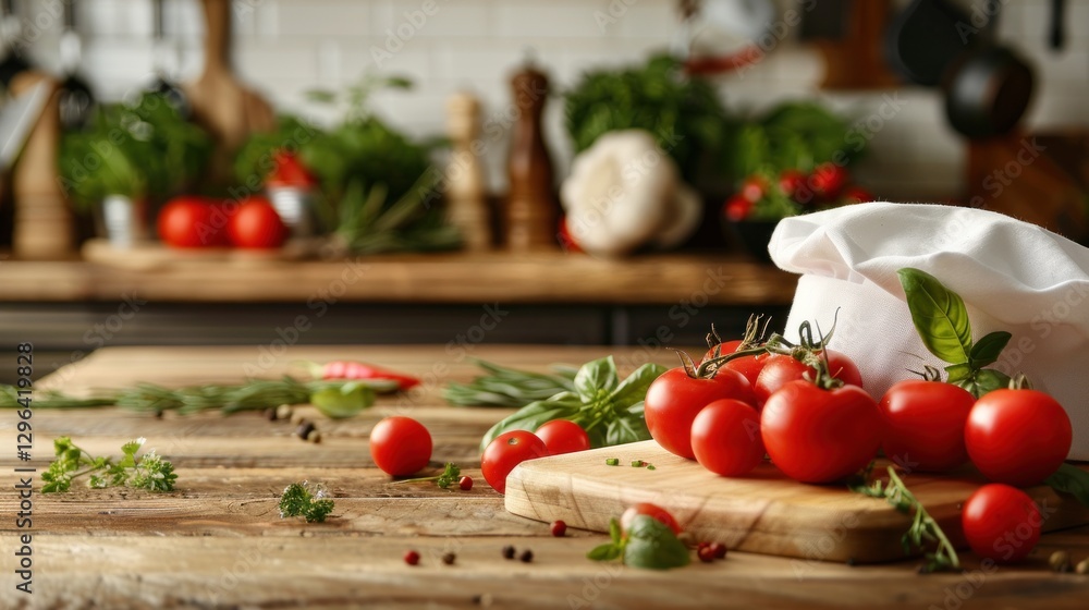 Chef hat white color with red tomatoes on the rustic wooden table. AI generated image Chef hat white color with red tomatoes on the rustic wooden table. AI generated image