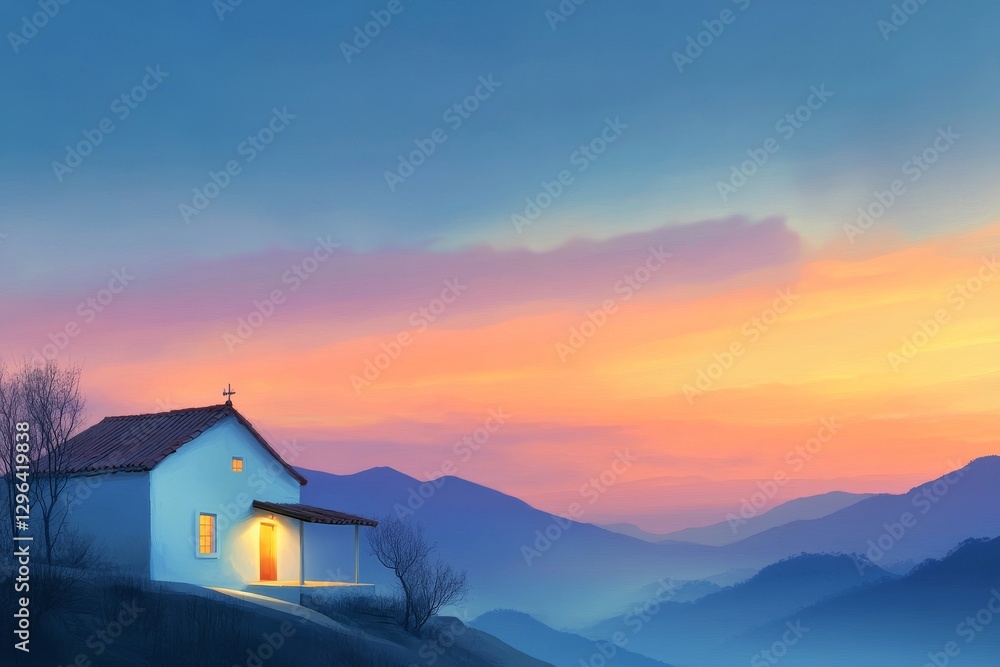 Fototapeta premium Sunset Serenity Mountain Chapel - Peaceful mountain village scene, sunset hues paint the sky, a small chapel glows warmly, symbolizing peace, hope, faith, serenity, and tranquility