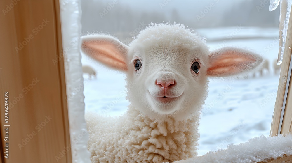 Fototapeta premium In the snow, there is an adorable baby lamb with big eyes and ears that stands at full height by its window, looking outside.