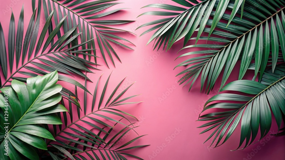Vibrant Pink Background Showcases Lush Tropical Foliage, Creating a Serene and Exotic Atmosphere Perfect for Summer Designs Vibrant Pink Background Showcases Lush Tropical Foliage, Creating a Serene and Exotic Atmosphere Perfect for Summer Designs