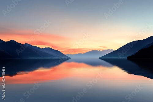 Wallpaper Mural Sunset Serenity Lake Landscape - Peaceful sunset reflecting on calm lake water, surrounded by majestic mountains. Symbolizes tranquility, nature's beauty, reflection, serenity, and hope Torontodigital.ca