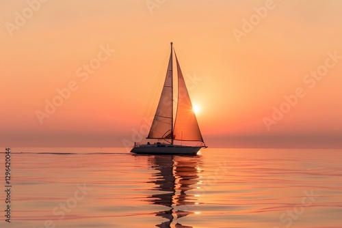 lone sailboat gliding across the calm sea under an orange sky at sunset 
