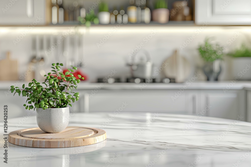 marble top table with a white modern kitchen background marble top table with a white modern kitchen background
