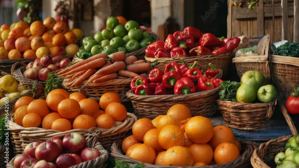 A bountiful display of fresh produce at an outdoor market, overflowing with vibrant colors A bountiful display of fresh produce at an outdoor market, overflowing with vibrant colors