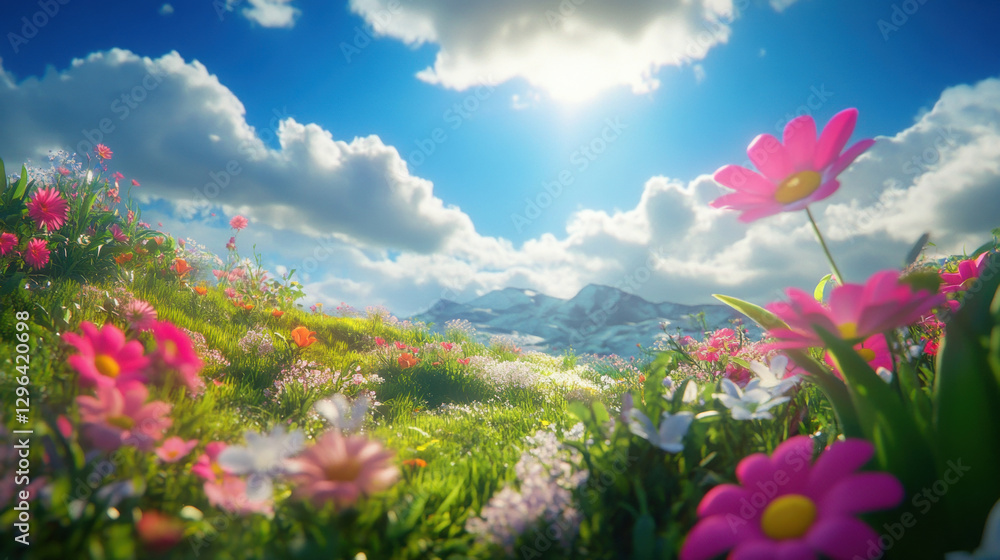 Obraz premium Vibrant meadow with blooming flowers under a bright blue sky and distant snow-capped mountains.