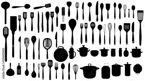 different kitchen utensil silhouettes in a clean, black and white vector style. Each item is designed with simple shapes and a cutout effect
