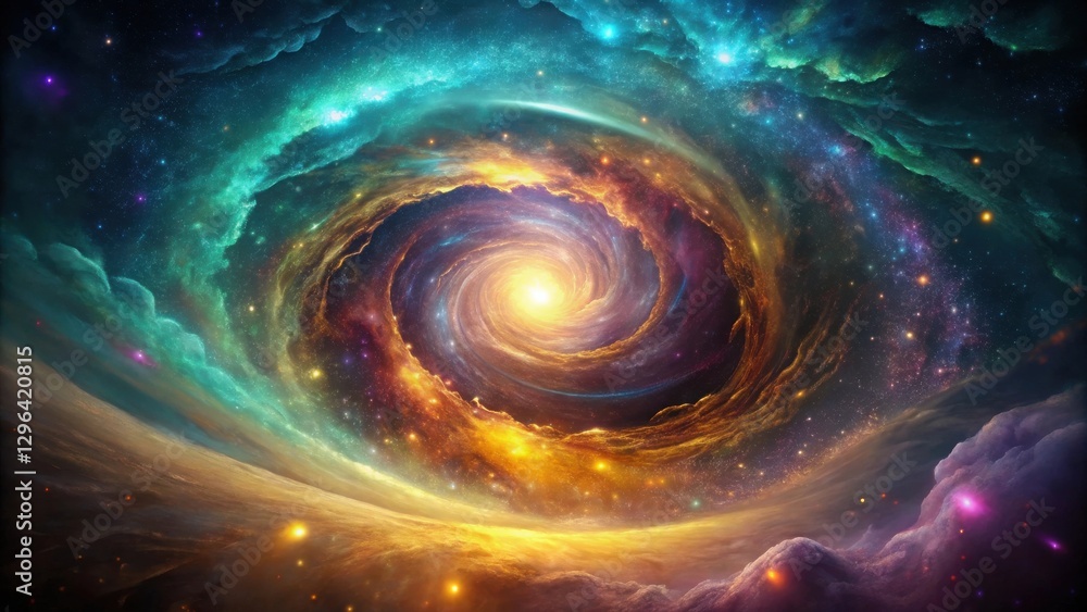 A Cosmic Vortex of Vibrant Nebulae and Celestial Swirls, Illuminating a Distant Planetary Horizon A Cosmic Vortex of Vibrant Nebulae and Celestial Swirls, Illuminating a Distant Planetary Horizon
